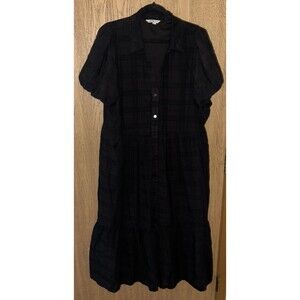 Women’s 2x  Ophelia Roe Black Plaid Button-Front Midi Dress Puff Sleeve